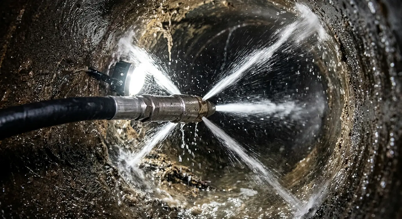 High-pressure hydro jetting nozzle cleaning sewer pipe for Emergency Drain Service in Sandusky