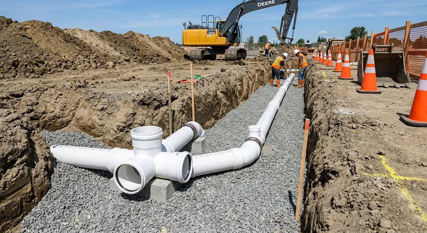 New PVC sewer pipe installation in open trench for Commercial Drain Cleaning in Sandusky
