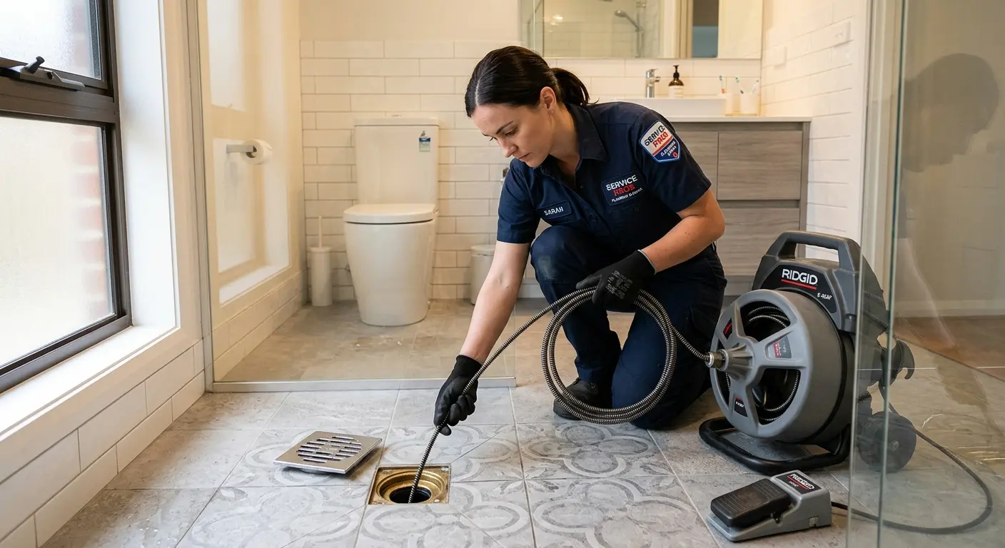 Technician clearing a bathroom floor drain for Hydro Jetting in Sandusky